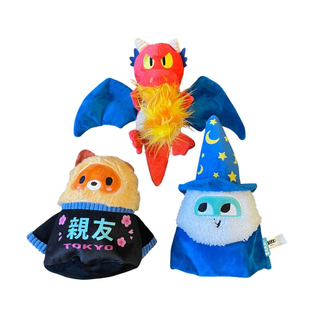 Bark Box Merlin Wizard Dragon Crinkle Teddy Bear M-L Blue Plush Dog Toy Lot